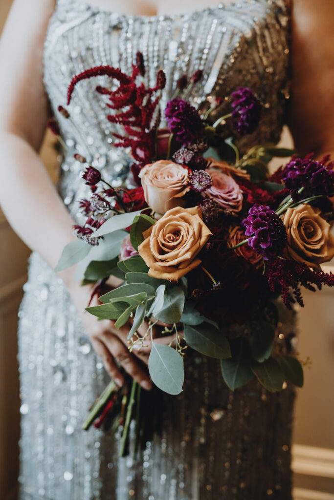 Close-up of the bride’s colourful bouquet at her Swan London wedding. 