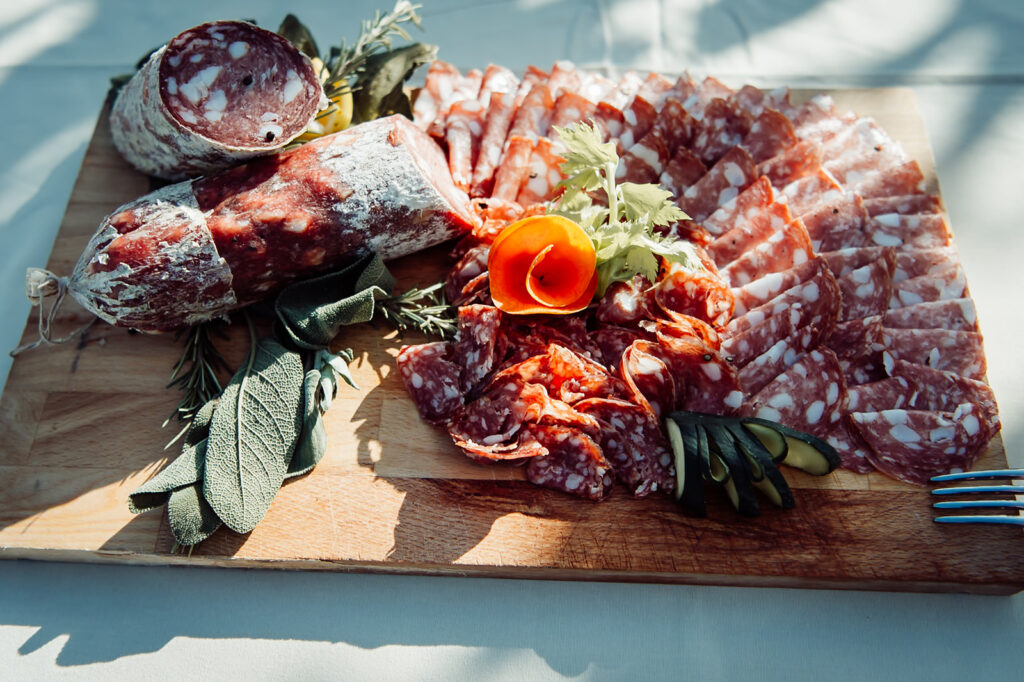 Close-up of a charcuterie board served
