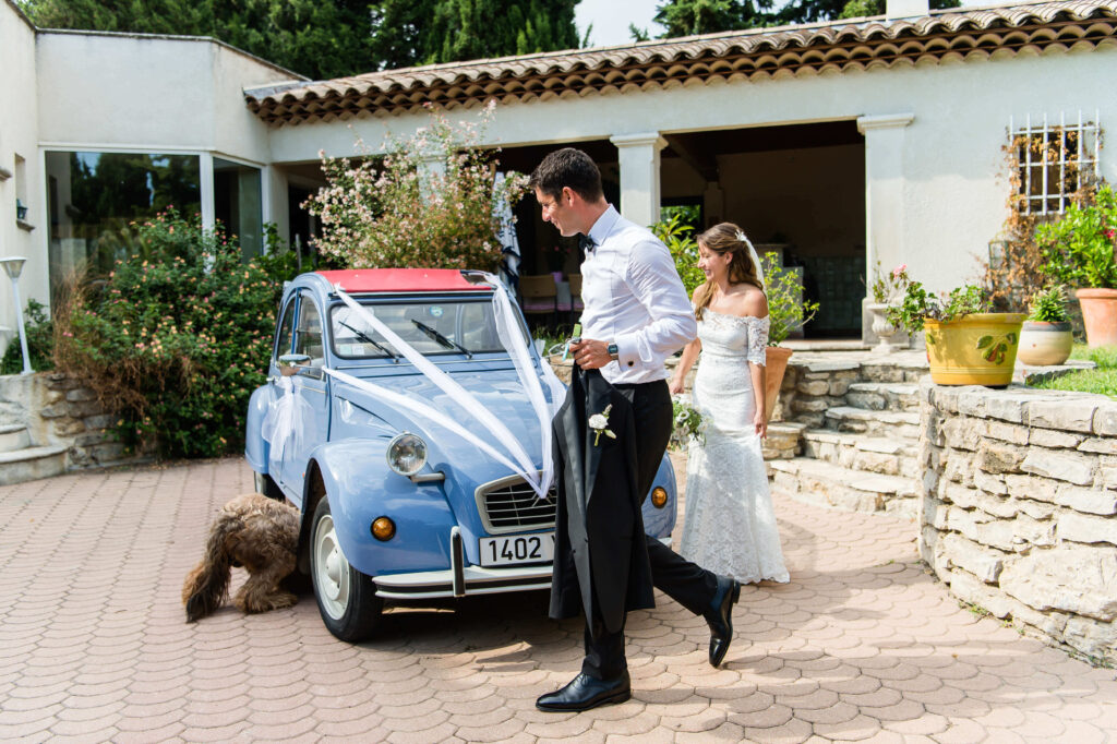 Wedding couple walking beside a blue car decorated with bridal ribbons, with a dog crawling underneath, for Questions to Ask Your Destination Wedding Photographer