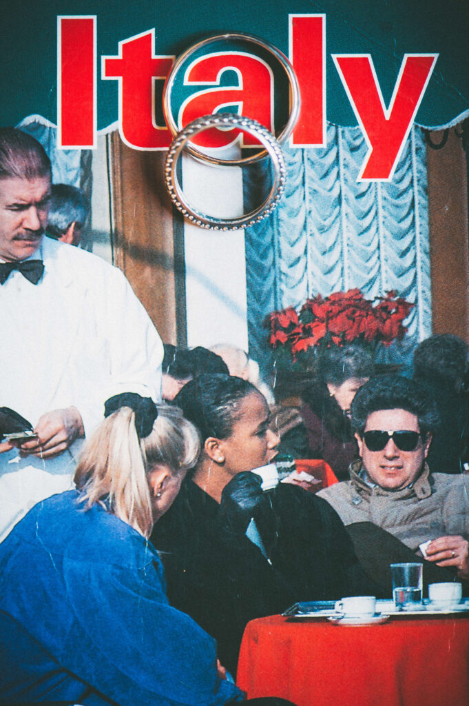 close up of the wedding couples wedding rings, sitting on a magazine which has the words 'Italy' on it.