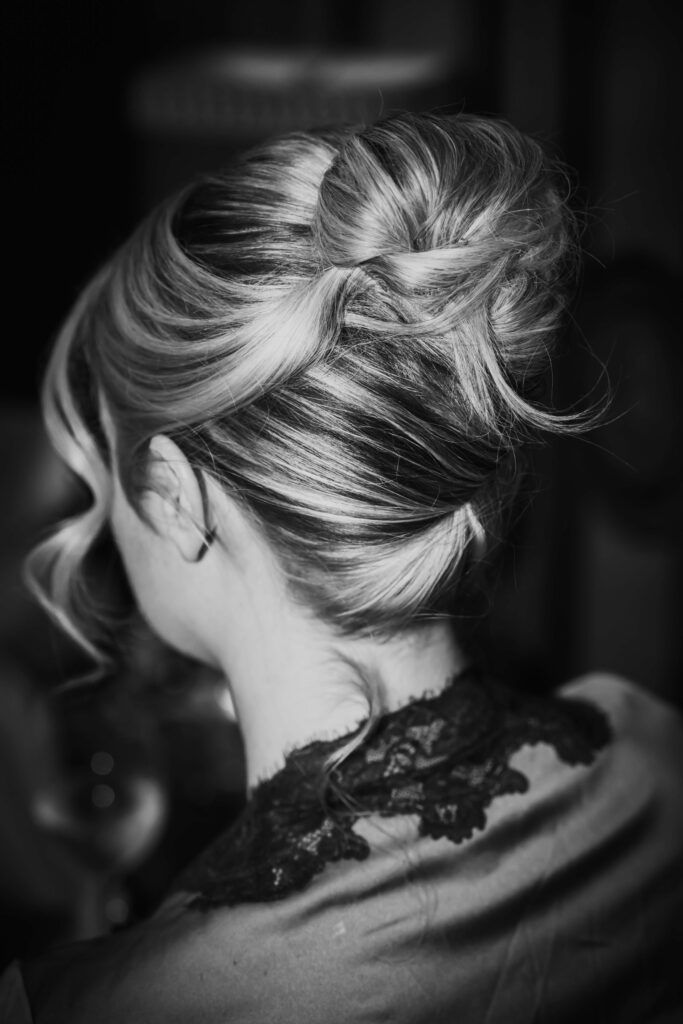 Black and white photo showing the brides hair